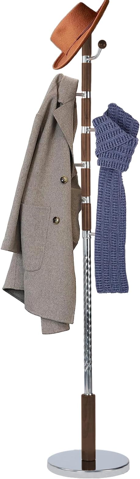 73 in Wood Coat Rack, Coat Rack Freestanding with Stable Round Base, Adjustable Height Tree Coat Racks Stand for Home Bedroom Office Hallway Entryway (Walnut Metal Hook)