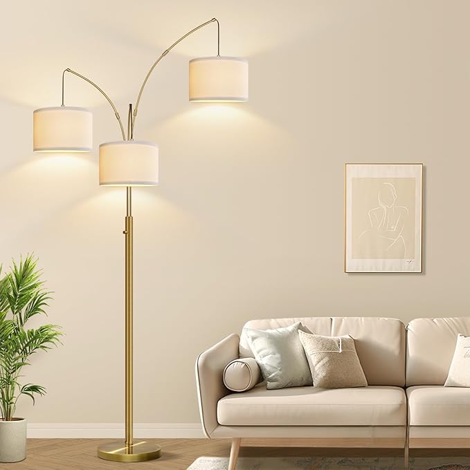 Dimmable Floor Lamp - 3 Lights Brass Floor Lamps for Living Room Linen White Shades & Heavy Base, Mid Century Tree Floor Lamp for Bedroom Office, 3 LED Bulbs Included