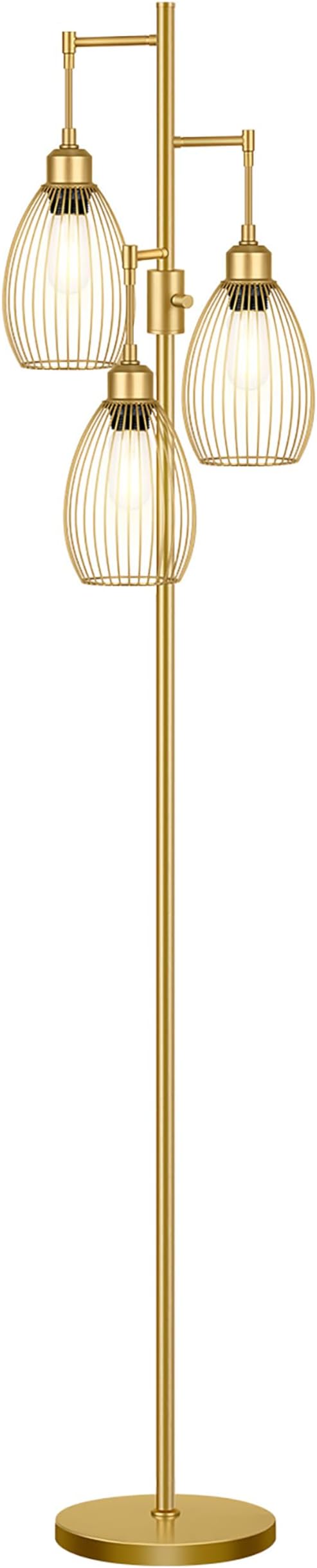 Dimmable Floor Lamp, 3 x 800LM LED Edison Bulbs Included, Farmhouse Industrial Floor Lamp Standing Tree Lamp with Elegant Teardrop Cage Head Tall Lamp for Living Room Bedroom Office Dining Room - Gold