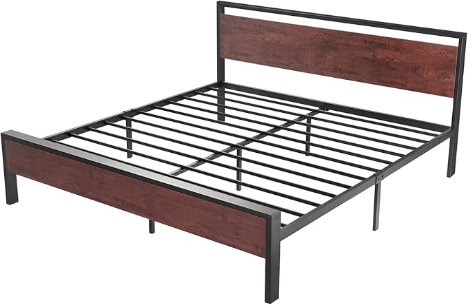 SHA CERLIN 14 Inch King Size Metal Platform Bed Frame with Wooden Headboard and Footboard, Mattress Foundation, No Box Spring Needed, Large Under Bed Storage, Mahogany