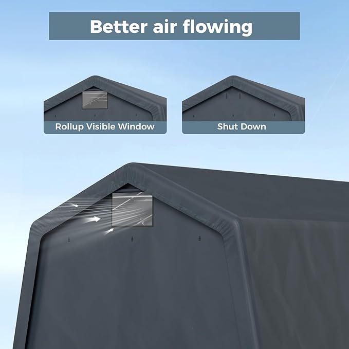 GREEN PARTY Storage Shelter Shed, 13x22 ft Portable Shed Outdoor Carport with Roll-up Zipper Door & Vents, Outdoor Storage Shed Portable Garage for Motorcycle, Bike, Waterproof & UV Protected, Gray