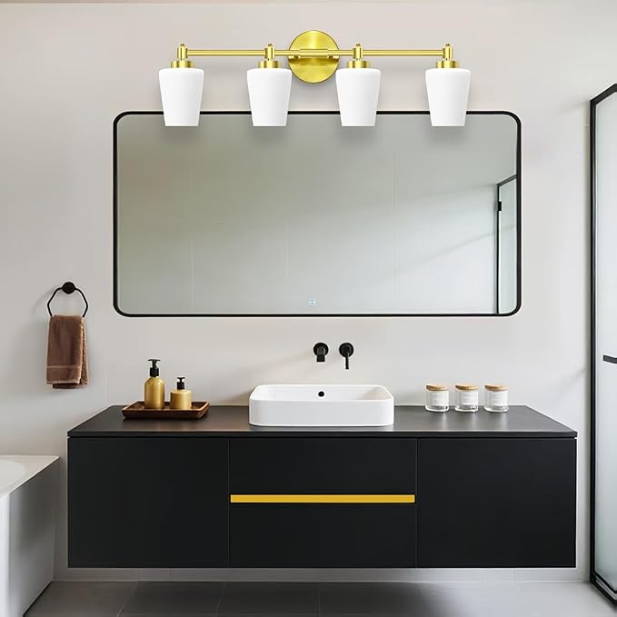 New Bathroom Vanity Light Fixtures 3 Lights Brushed Brass Glass Shade Modern Wall Bar Sconce Over Mirror (Brushed Brass, 4T)