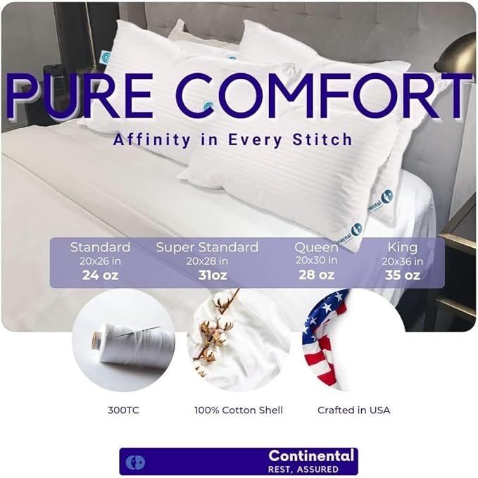 Continental Bedding Affinity Down Alternative Pillows - King Size - 100% Soft Cotton Cover - Ultra-Comfort for Back, Stomach, and Side Sleepers - Pack of 2