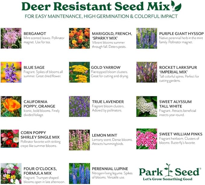 Park Seed Grow Your Own Vibrant Annual and Perennial Wildflower Garden Seed Mixture, Easy to Grow Varieties for Pollinators and Spring Gardens - Deer Resistant Mix, 50 lbs
