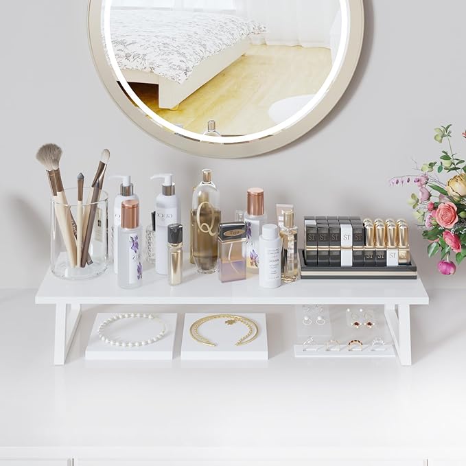 TEAMIX White Dual Monitor Riser - 31.5 inch Wide TV Stand for 2 Monitors - Wood & Steel Desktop Riser for Dual Screen Office Desk Organization