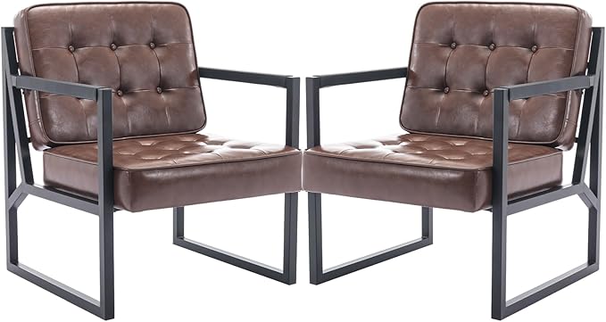 COLAMY Mid Century Modern Accent Chair Set of 2, Comfy Living Room Chair, Brown Leather Accent Chair, Faux Leather Reception Armchair with Metal Legs for Living Room Bedroom Reception Office, Brown