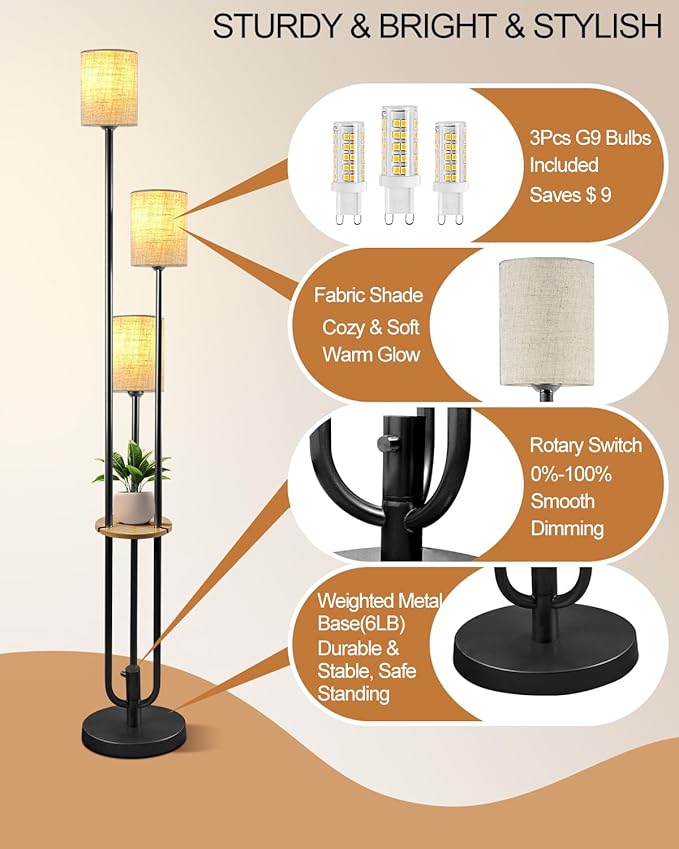 Lightdot 64Inch Floor Lamp with Table Dimmable Floor Lamp for Living Room 3000K Mid Century Modern Black Tall Standing Lamp with Shelf Candle Holder Style for Bedroom Corner(Bulbs Included)