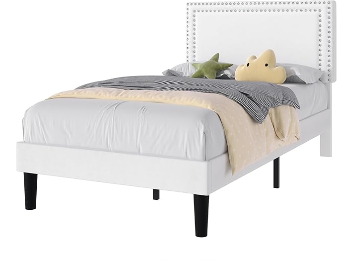 VECELO Twin Size Platform Bed Frame with Adjustable Upholstered Headboard, Strong Wood Slat Support, No Box Spring Needed, Easy Assembly