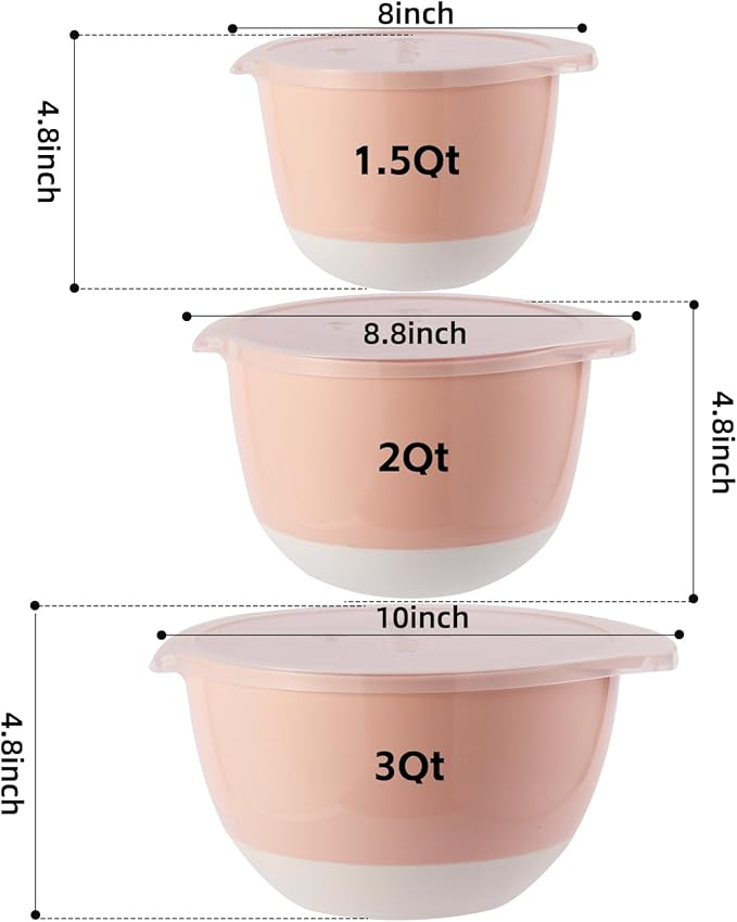 3 Mixing Bowls Set with Lids,Pour Spout and TPR Bottom, Plastic Nesting Bowl Use for Kitchen Cooking-Prep,Serving,Baking Bread Cake,Pancake,Waffle,Non-slip,Dishwasher Safe,3Qt,2Qt,1.5Qt,Pink