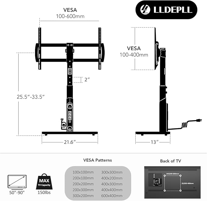 Universal TV Stand Tabletop TV Mount with Power Outlet for 50-90 Inch OLED LED Monitors, 9 Levels Height Adjustment, Ambient Lighting on The Bottom Holds up to 150lbs, Black 600x400mm