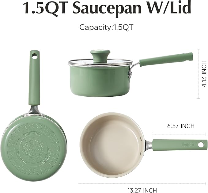 Redchef Ceramic Nonstick Saucepan with Lid, 1.5QT Small Cooking Pot, Non Toxic Sauce Pans for Kitchen, Cool Handle PFAS Free Compatible with All Cooktops, Green