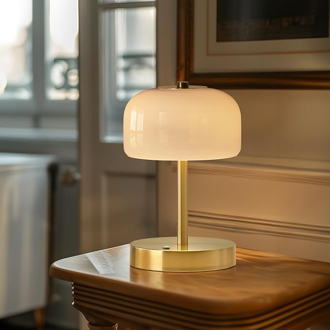PORTRES Cordless Table Lamp Rechargeable Battery Operated Mushroom lamp Opal Glass Shade 3 Way Dimmable LED Touch Outdoor Lamp for Camping Bedroom Dining Living Room Beside Patio Restaurant,Gold