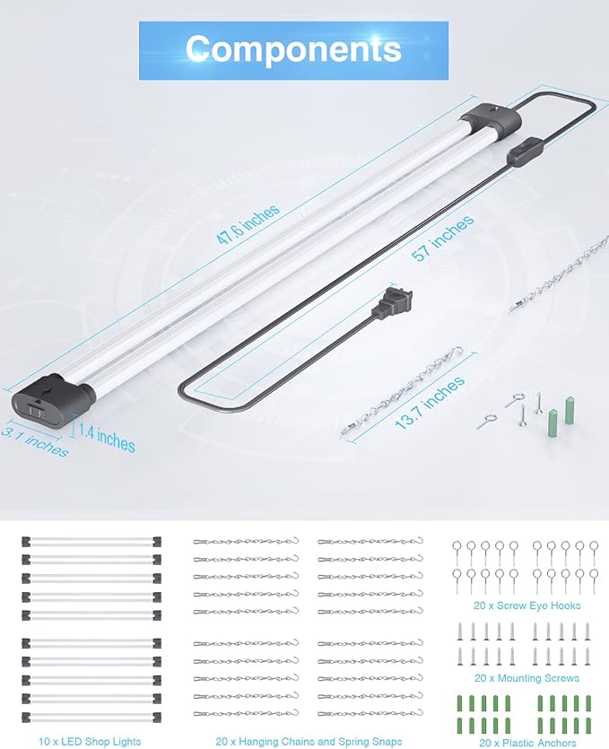 Ensenior 10 Pack Linkable Led Shop Light 4ft for Garage, 4400 High Lumens, 36W Equivalent 280W, 5000K Daylight, 48 Inch Utility shop led lights, Surface or Hanging Mount Fixtures, Black, ETL Certified