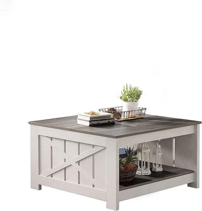 YITAHOME Coffee Table Farmhouse Coffee Table with Storage Rustic Wood Cocktail Table, Square Coffee Tables for Living Meeting Room with Half Open Storage Compartment, Light Brown and White