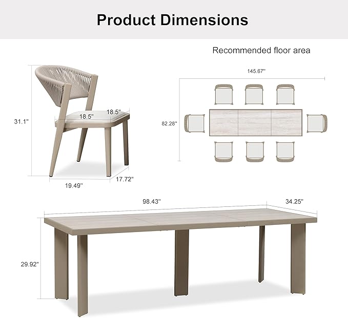 PURPLE LEAF 8-Piece Patio Dining Set Outdoor Furniture Rectangular Table and Chairs Set with Aluminum Frame and Wicker Rattan for Garden Deck Backyard Kitchen Champagne Outdoor Set