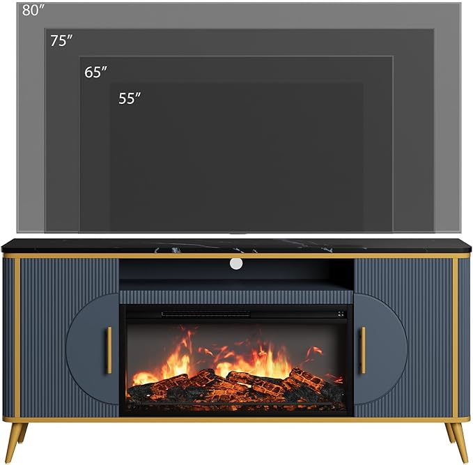 Fluted Fireplace TV Stand Up to 80" TVs, Modern Entertainment Center with 30" Electric Fireplace, Luxury Media Console with Adjustable Shelves for Living Room, Navy Blue