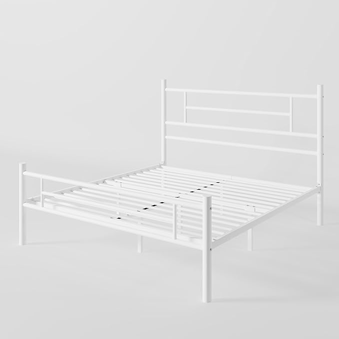 Allewie 14 Inch Full Size Metal Platform Bed Frame with Headboard and Footboard, Underbed Storage, Strong Metal Slats Support, Mattress Foundation, No Box Spring Needed, Easy Assembly, White