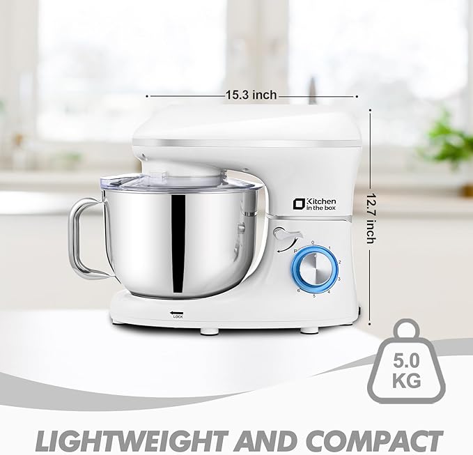Kitchen in the box Stand Mixer, 6.5QT 660W Kitchen Electric Mixer, 6-Speed Tilt-Head Food Mixer with Dough Hook, Wire Whip, Beater, Dishwasher Safe (White)