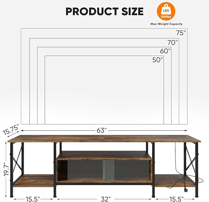TV Stand, 63 Inch TV Stand for 50 75 Inch TV, Entertainment Center with Power Outlets & Open Storage Shelves, TV Media Console with Glass Slide Doors for Living Room, Bedroom, Rustic Brown
