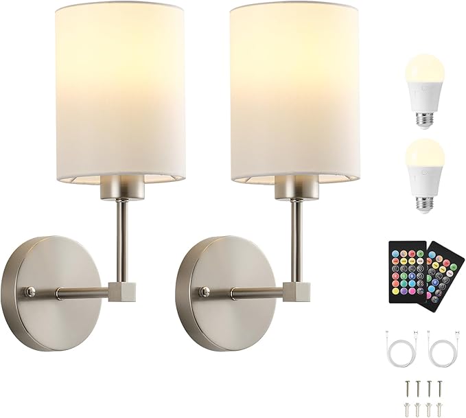 Battery Operated Wall Sconce Set of Two,Wireless Rechargeable Wall Light With Remote Control, Dimmable, 1800K/3000K/4000K/6000K/RGB, Timer, for Living Room, Bedroom, Fireplace, TV, 13.5 Inch, Nickel
