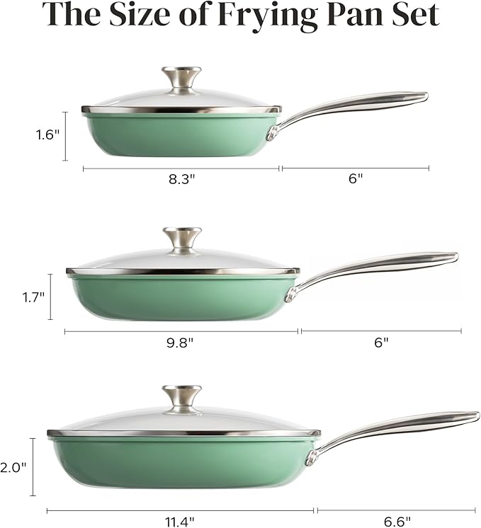 Redchef Nonstick 6-Piece Fry Pan Set, 8, 9.5, and 11 Inch Frying Pans with Tempered Glass Lids, Stay-Cool Handles, Dishwasher & Oven Safe, Induction Safe, Compatible with All Cooktops, Green