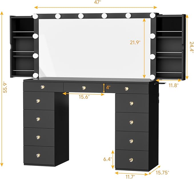 Likein Vanity Desk with Mirror and Lights, Black Vanity with Hidden Jewelry Storage Cabinet, Charging Station, 11 Drawers Makeup Vanity with Lights, Crystal Knobs, 3 Color Lighting Modes for Girls