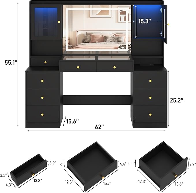 Large Vanity Desk w/60000-color LED Lights,Tempered Glass Top,Outlet,62inch Black Makeup Vanity Table w/ 3 Lights Mode Mirror & Lights,9 Drawers,2 RGB Cabinet,LED Dressing Table for Women