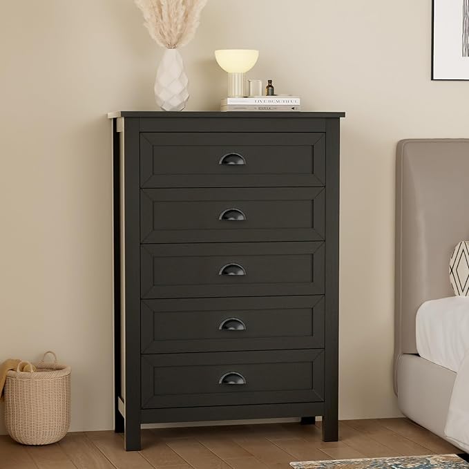 Farmhouse 5 Drawer Dresser for Bedroom, 47" Tall Dresser, Modern Black Chest of Drawers Organizer for Bedroom, Closet, Living Room, Entryway, Hallway