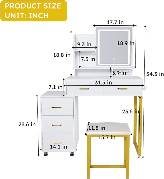 Vanity Desk with Mirror and Lights, Makeup Vanity Table with 5 Drawers, LED Light with 3 Color Settings & Power Outlet, White Vanity with Chair for Bedroom or Dressing Room