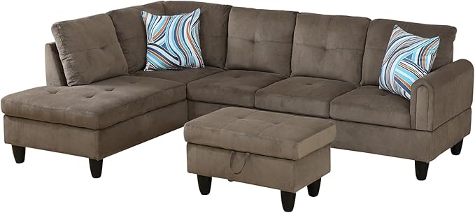 L-Shape 3-Piece Cloud Sofa, Couch for Living Room, Brown Pineapple Velvet Fabric L-Shape with Reversible Chaise & Storage Ottoman, Ergonomic 110–115° Recline, Solid-Wood Frame