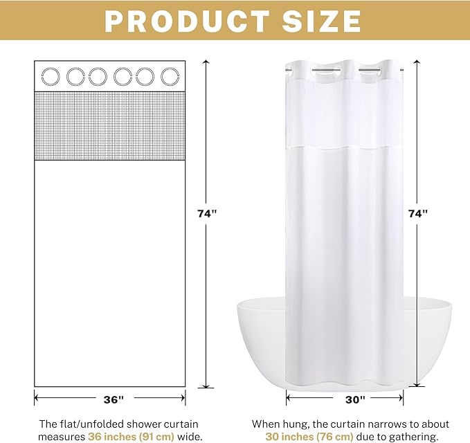 Stall No Hook Shower Curtain with Snap in Liner, Polyester Textured Shower Curtain with Liner Set, Waterproof Washable Hotel Style Shower Curtains for Bathroom, 36Wx74H, White