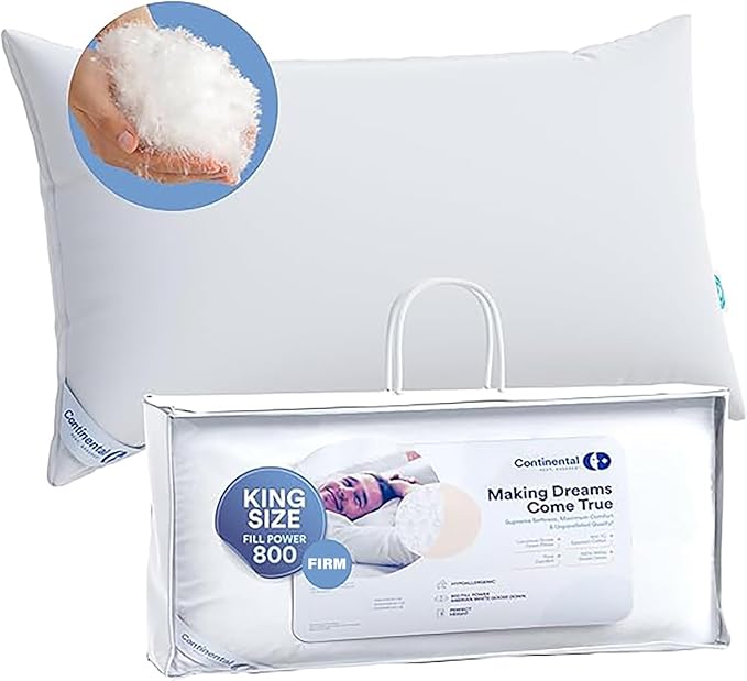 Continental Bedding 100% Siberian Goose Down Pillow 800 Fill Power, Firm, King, White