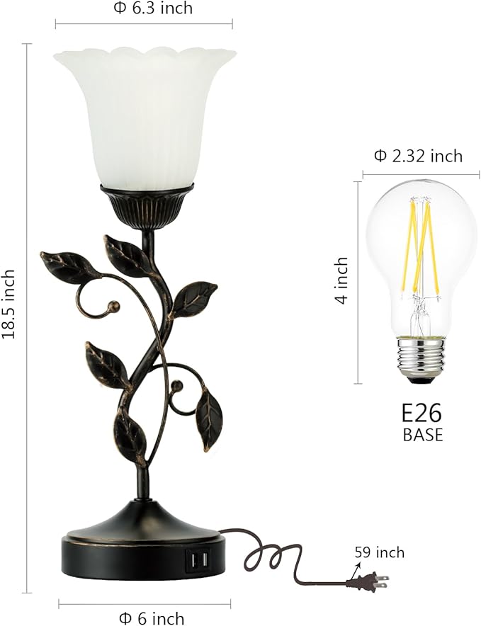 RORIANO Set of 2 Touch Bedside Vintage Lamps with 2 USB Ports, 3-Way Dimmable Flower Lamps, White Glass Shade Rustic Leaf Lamp for Bedroom Side Table, LED Bulb Included