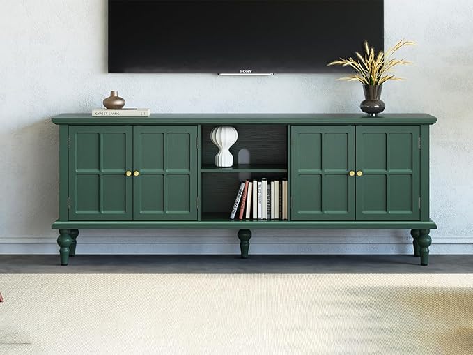 3More 67" Mid Century Modern TV Stand with Window Design,Wood Entertainment Center with Open Shelf,Up to 70" Media TV for Living Room or Bedroom,Green