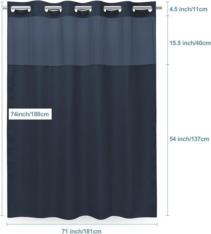 Navy Blue No Hook Shower Curtain with Snap in Liner,230GSM Waffle Weave Shower Curtains for Bathroom,71W x 74H