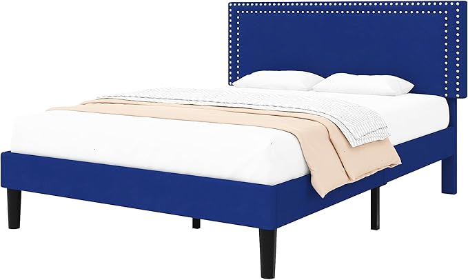 VECELO Queen Size Bed Frame with Adjustable Upholstered Headboard, Wooden Slats Platform, Noise-Free Design, Easy Assembly