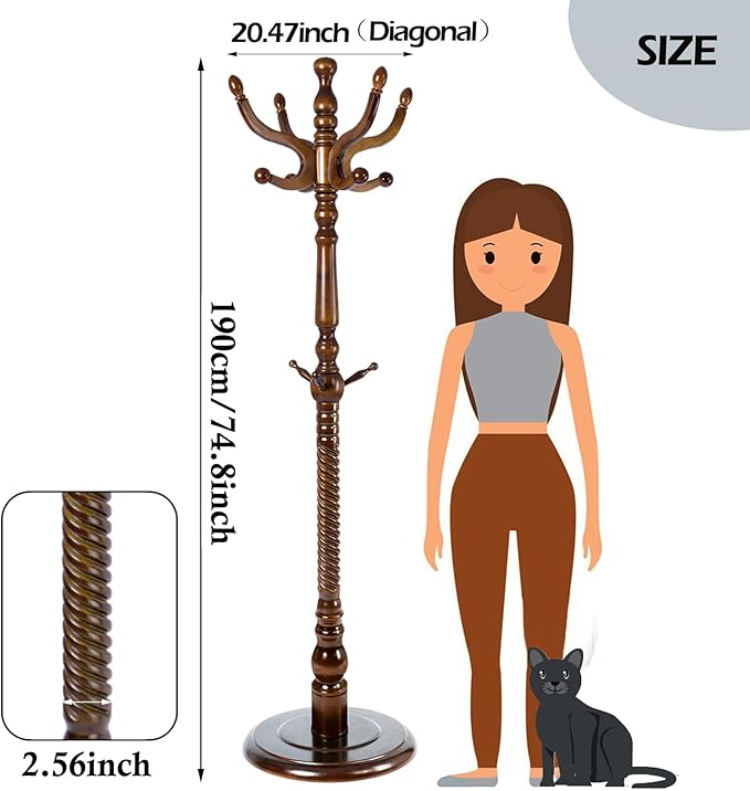Coat Racks Free Standing with 11 Hooks, Natural Wood Coat Stands for Entryway, Adjustable Height 74 in Tree Coat Rack Stand for Hallway Home Office Bedroom (Brown Round Base)