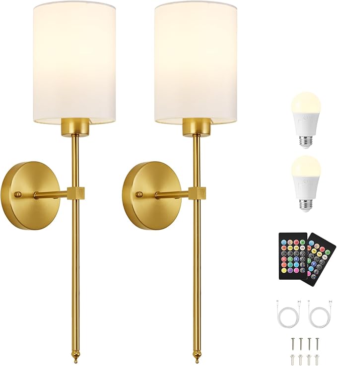 Battery Operated Wall Sconces Set of Two,Wireless Rechargeable Wall Light With Remote Control, Dimmable, 1800K/3000K/4000K/6000K/RGB, Timer, for Living Room, Bedroom, Fireplace, TV, 23.6 Inch, Gold
