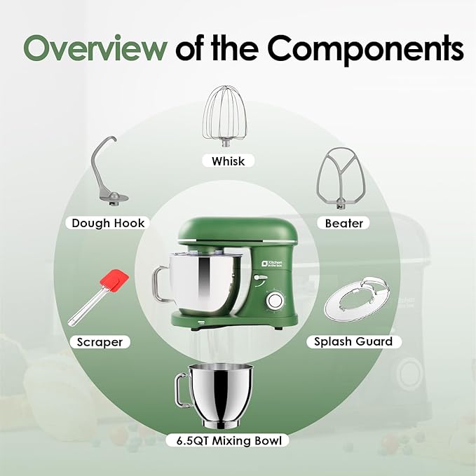 Kitchen in the box Stand Mixer - 6.5 Quart Mixing Bowl with Handle, 900 Watt Powerful Heavy Bread Dough Standing Mixers Tilt-head with Dough Hook, Whisk, Flat Beater and Splash Guard (Green)