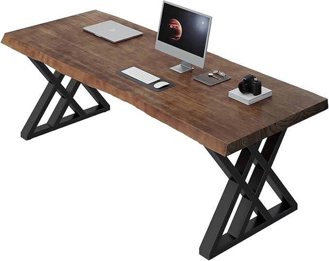 Solid Wood Computer Desk Study Office Desk 55" Writing Desk, Modern Simple Style PC Table, Black Metal Frame, Solid Wood Planks 55" D x 27" W x 29" H for Home Office Bedroom,Rustic Brown
