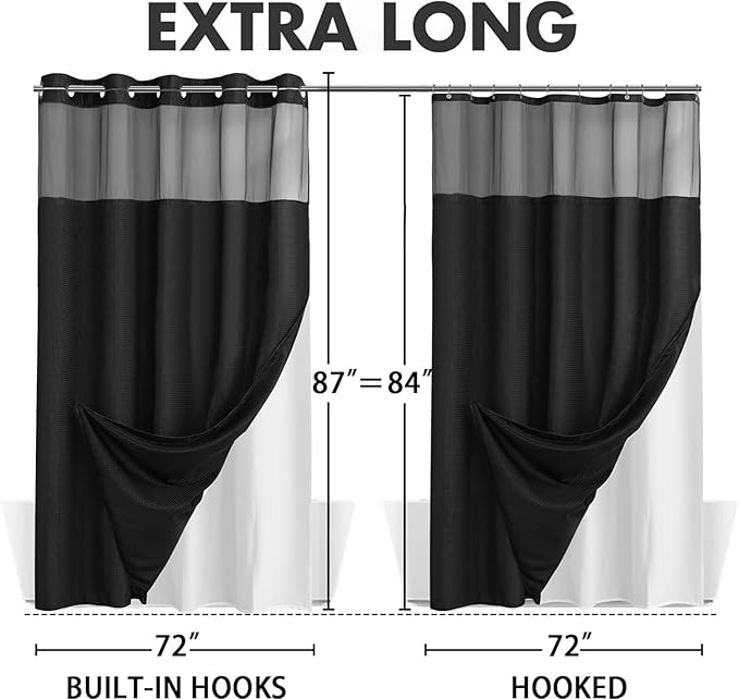 YellyHommy No Hook Shower Curtain with Snap in Liner Set Less Time Black Waffle Shower Curtain for Bathroom 87" L x 72" W