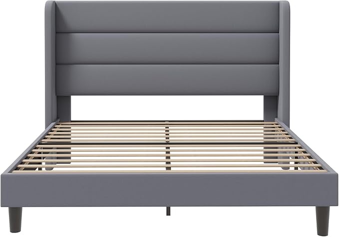 SHA CERLIN Queen Size Velvet Bed Frame/Vertical Channel Tufted Wingback Headboard/Upholstered Platform Bed with Wooden Slats/Mattress Foundation/No Box Spring Needed/Easy Assembly/Grey