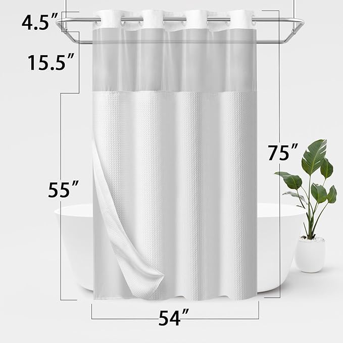 YellyHommy No Hook Shower Curtain with Snap in Fabric Liner Set Less Time White Waffle Shower Curtain for Bathroom 75" L x 54" W