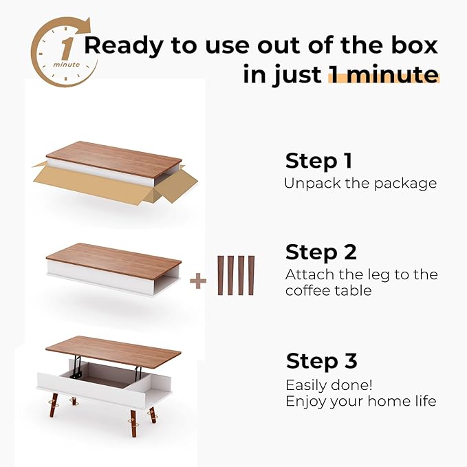 Lift Top Coffee Table, One Minute No Assembly Required Rising Tabletop Center Table with Large Hidden Storage Compartment, Open Shelf, Anti-Pinch Design Mute for Living Room (Walnut)