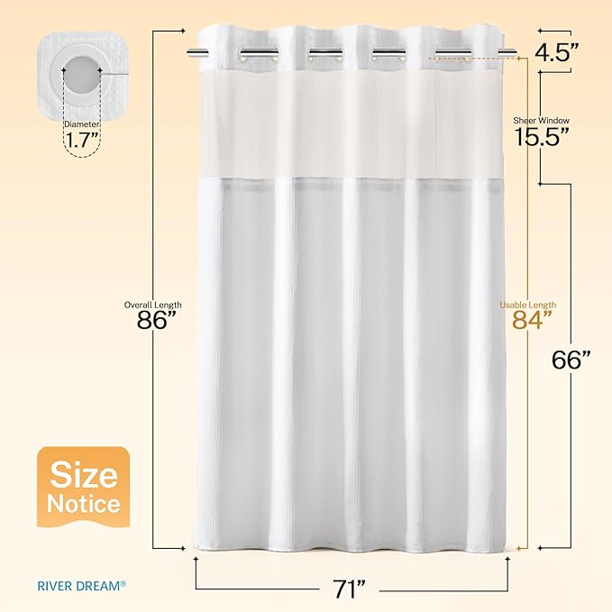 River Dream Extra Long Shower Curtains No Hooks Waffle Weave Shower Curtain with Snap in Liner - 71W x 86H,Hotel Grade,Spa Like Bath Curtain,White