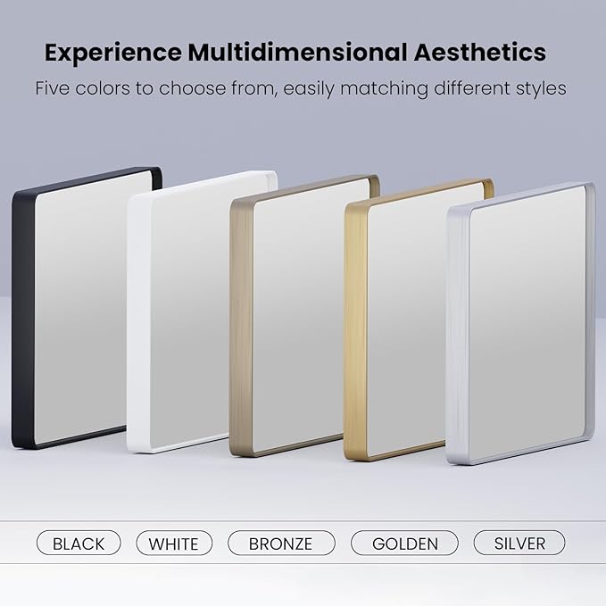 White Bathroom Mirror 36x36 Inch, White Metal Framed Bathroom Mirror for Wall, Rounded Rectangle Matte Bathroom Vanity Mirror, Tempered Glass, Anti-Rust, Horizontal/Vertical