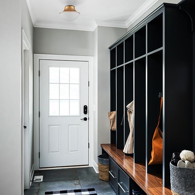 Modern Gold Semi Flush Mount Ceiling Light Fixture Brass Orange Round Bowl Shape Milk Glass Light Fixture Ceiling Mount for Bathroom Bedroom Hallway Entrance Staircase Office Living Room