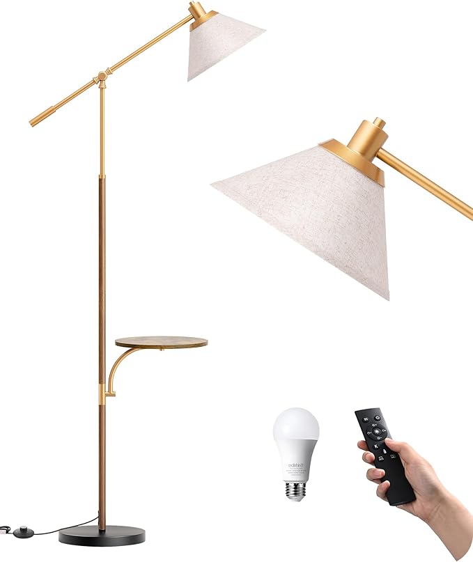 EDISHINE 68" Arc Floor Lamp with Table, Vintage Standing Lamp for Living Room with Tray, Tall Reading Lamp, Beige Shade, Adjustable Arm, Remote Dimmable Bulb Included, for Bedroom Office, Wood Grain
