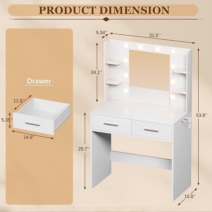 Furmax Make up Vanity Desk with Mirror and Power Outlet, Vanity with 3 Color Light Options Adjustable Brightness,Vanity Desk with 2 Drawers, 6 Storage Shelves (White, No Bench)
