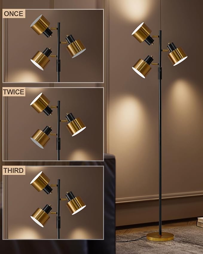 OYEARS Floor Lamp for Living Room Bright Lighting Tall Modern Industrial Vintage Standing Corner Lamps LED Metal Light Office Bedroom Study Gold Black Cream Matte Accent (3-Light, Gold)